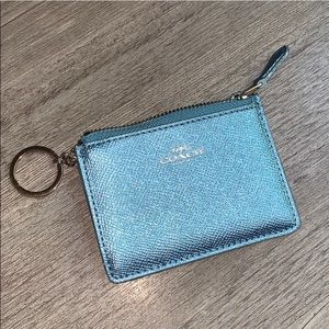 COACH metallic ice silver ID tag wallet zip blue